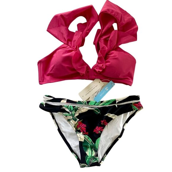 Cupshe 2 Piece Swimsuit Bikini Pink Ruffle Top Floral Bottom Women's Small NEW - Picture 1 of 9